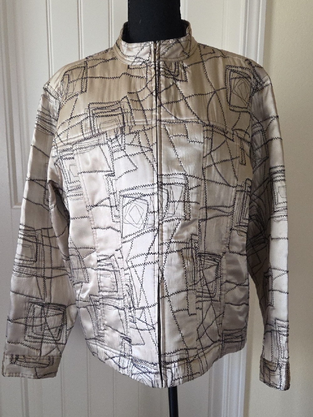 Chico's Gold Satin Jacket with Black Geometric Stitching, Size 3/US 16/XL